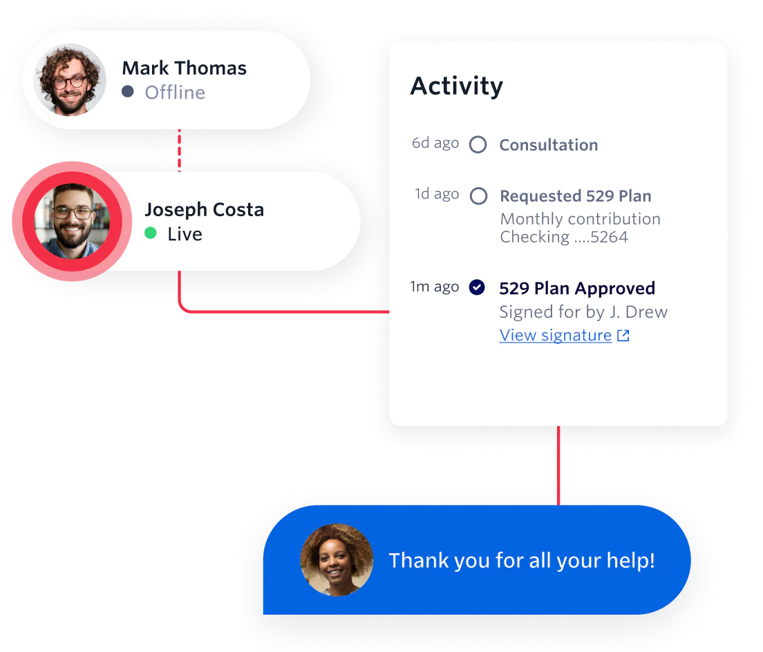 UI showing a customer’s messaging conversation with an agent about the approval of a 529 plan