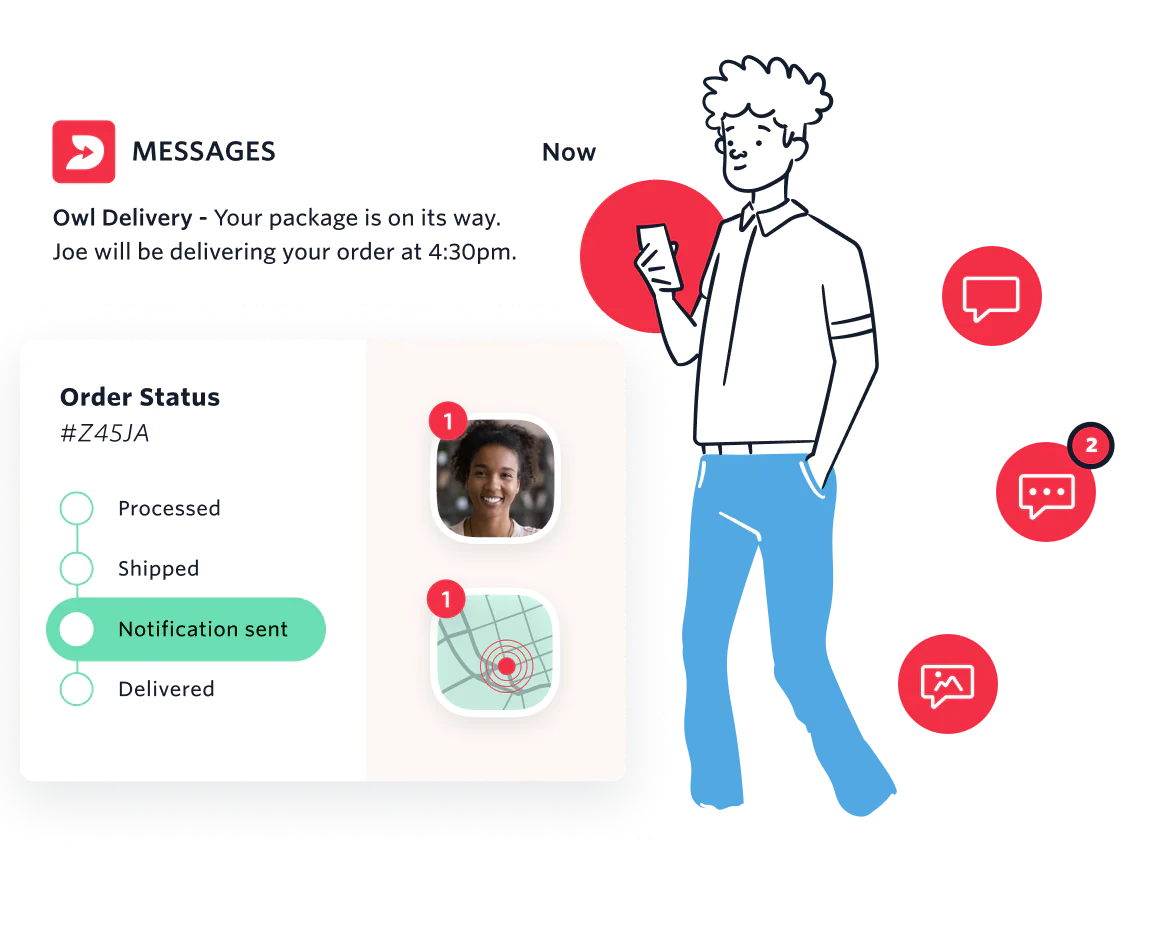 Illustration of a business sending delivery status updates to a customer on their preferred channel.